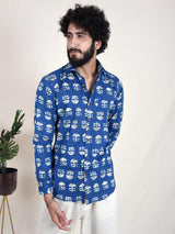 Blue Hand Block Printed Floral Slim Fit Men Shirt