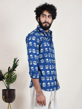 Blue Hand Block Printed Floral Slim Fit Men Shirt