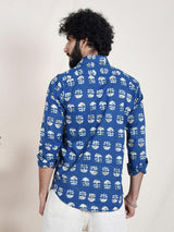 Blue Hand Block Printed Floral Slim Fit Men Shirt