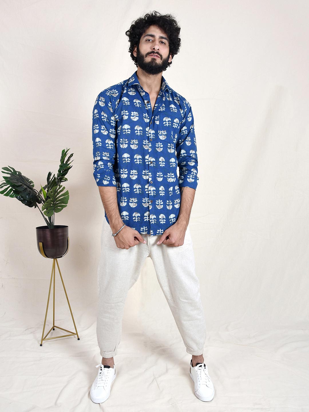 Blue Hand Block Printed Floral Slim Fit Men Shirt