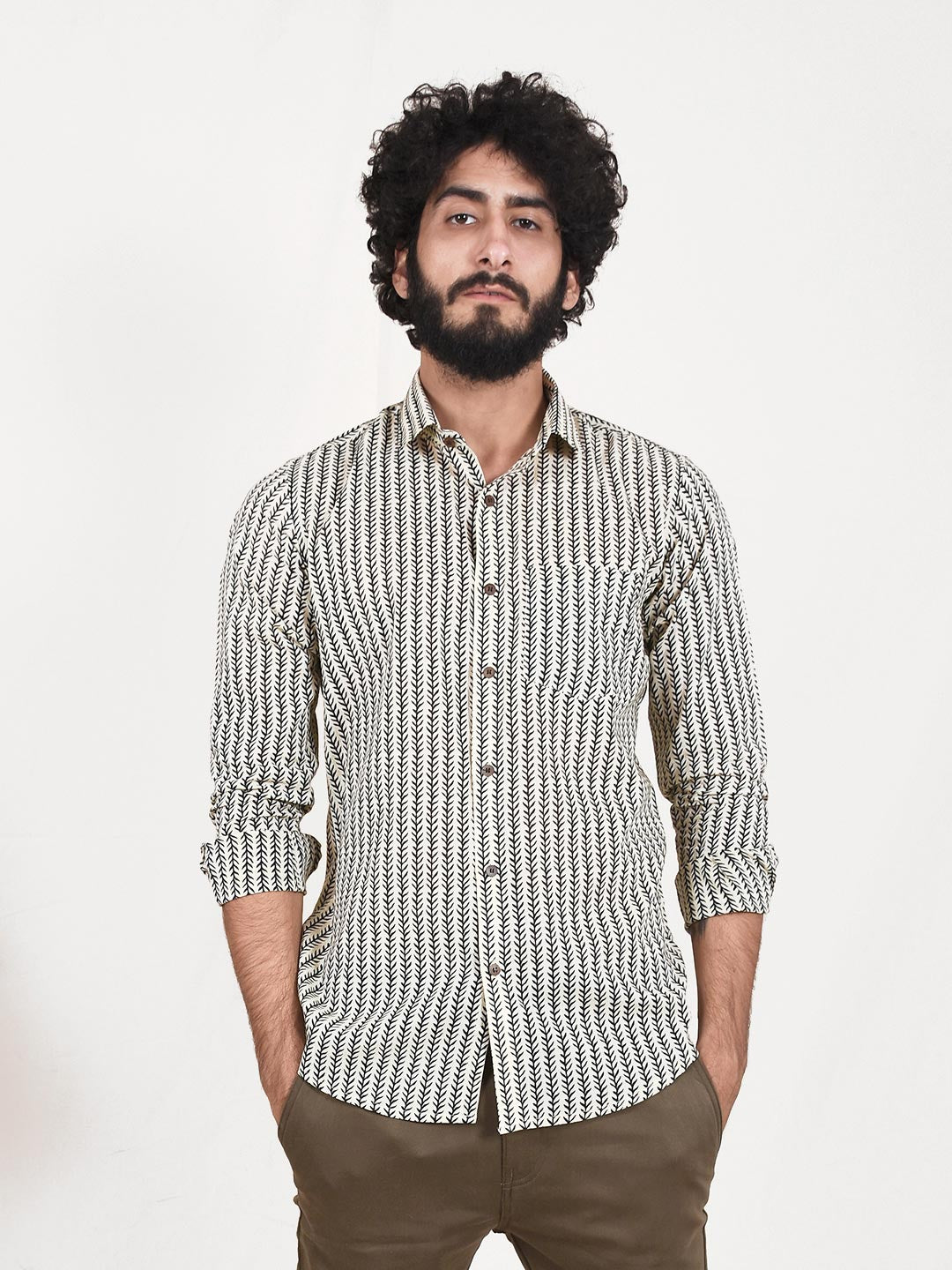Beige Leaf Print Slim Fit Men Shirt