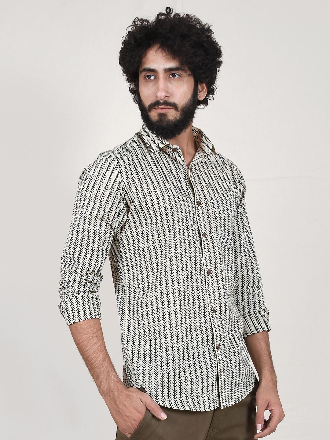 Beige Leaf Print Slim Fit Men Shirt
