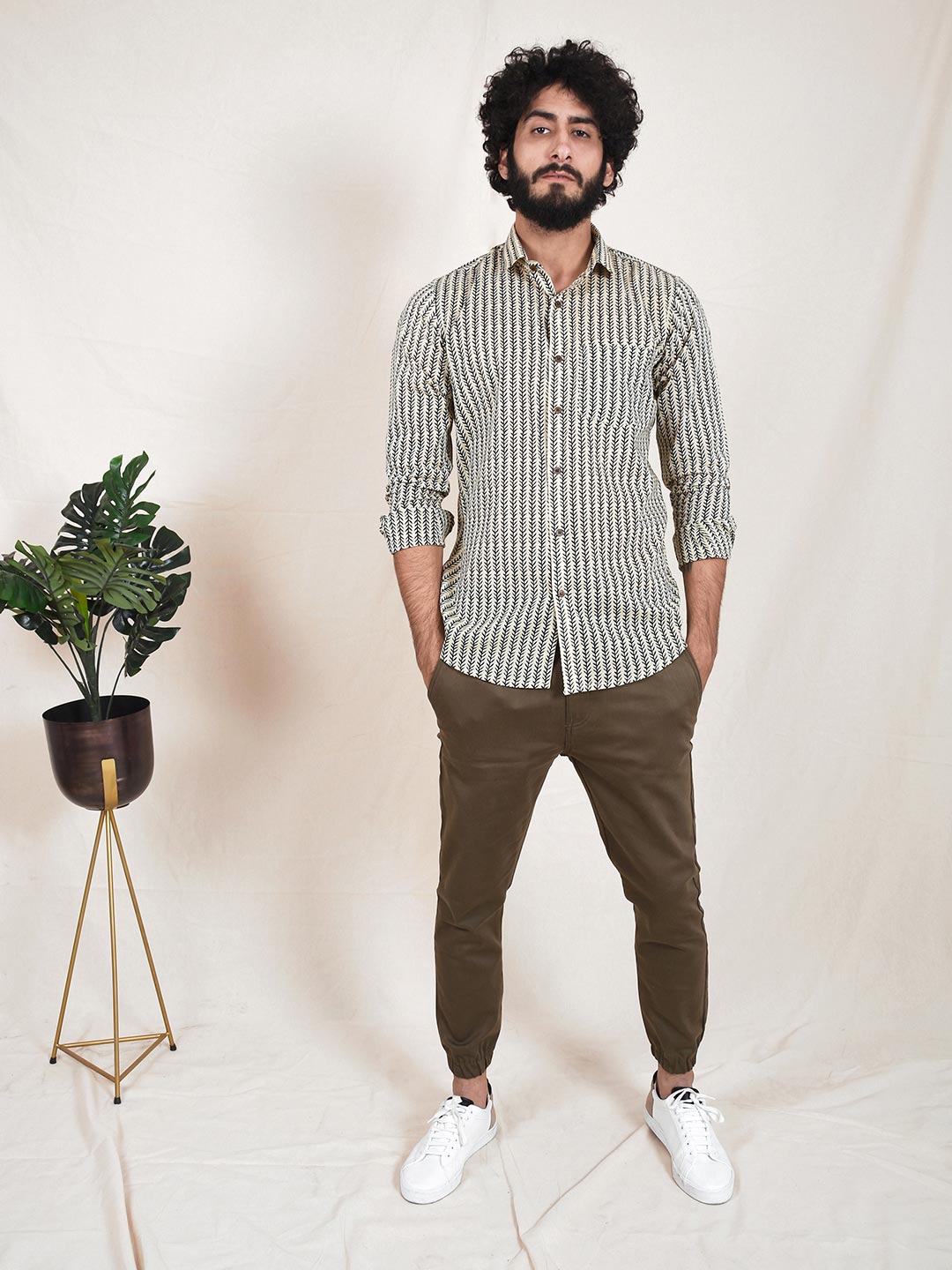 Beige Leaf Print Slim Fit Men Shirt