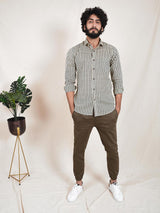 Beige Leaf Print Slim Fit Men Shirt