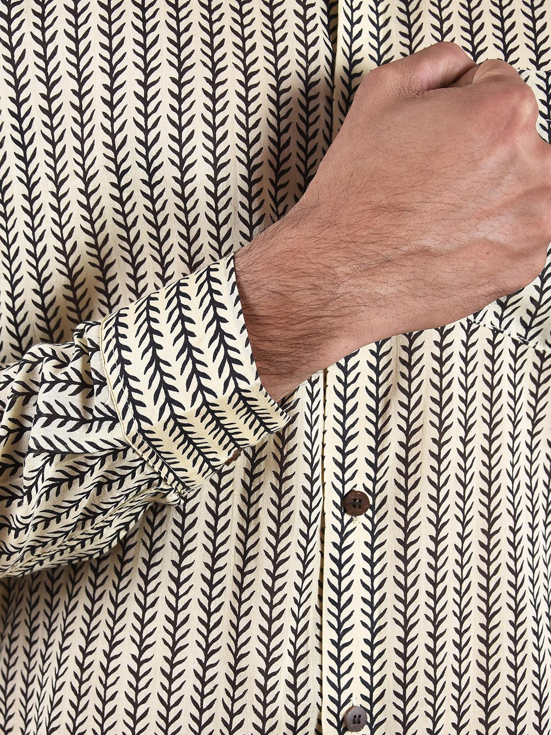 Beige Leaf Print Slim Fit Men Shirt