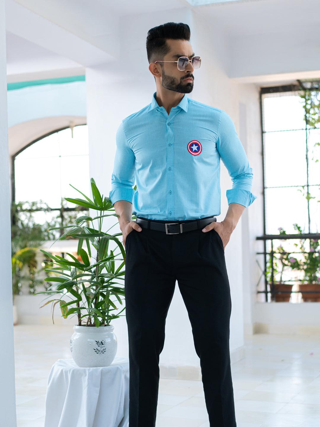 Captain America Embroidered Blue Cotton Shirt