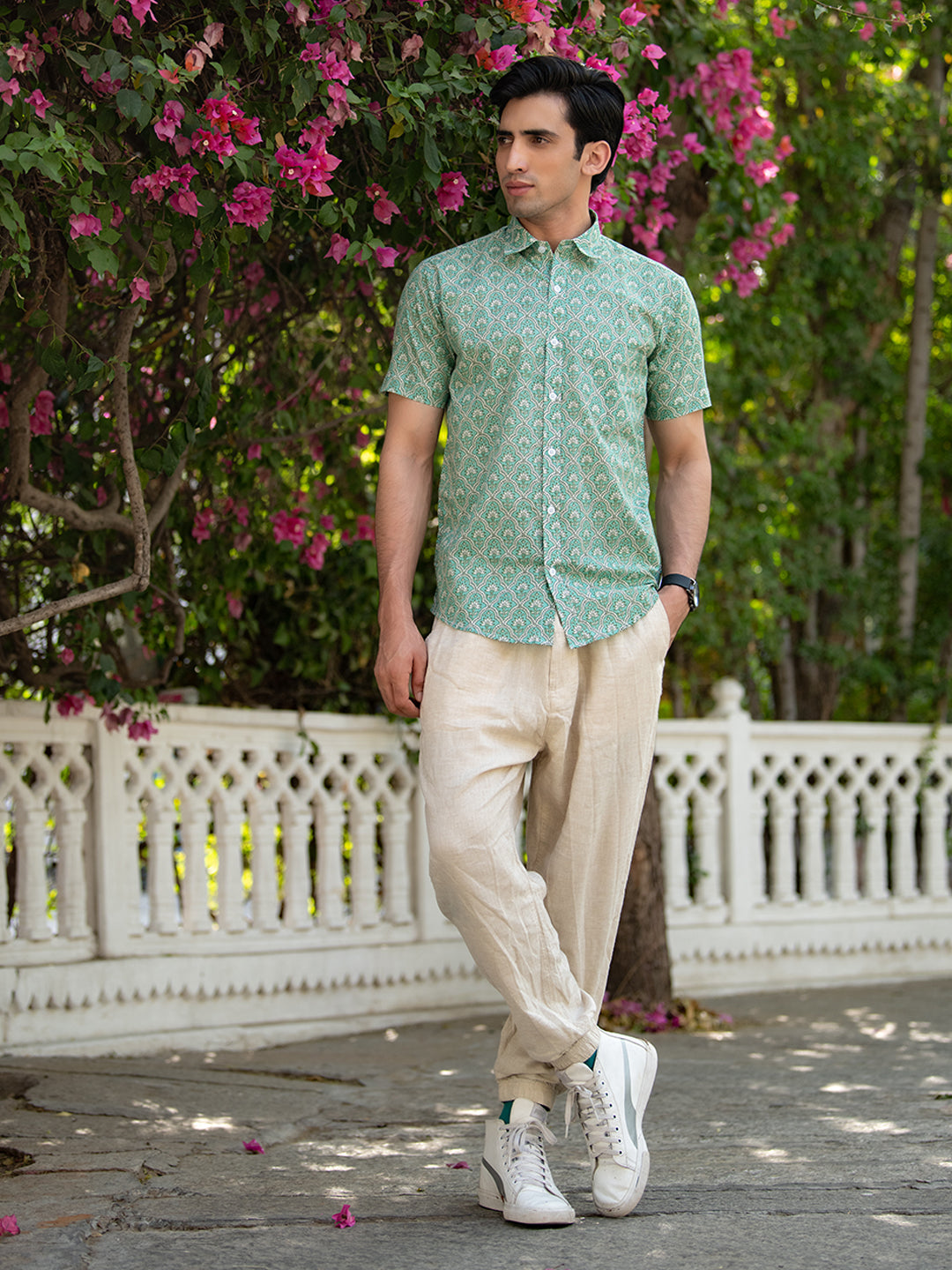 Beige Jaipuri Cotton Floral Half Sleeves Shirt for Men