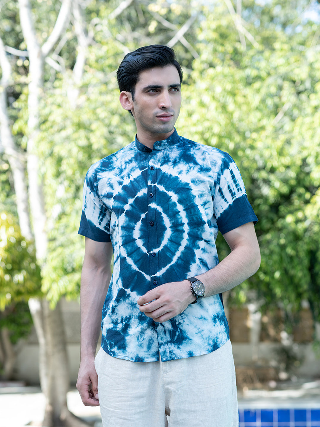 Navy Blue Tie and Dye Chinese Collar Half Sleeves Shirt