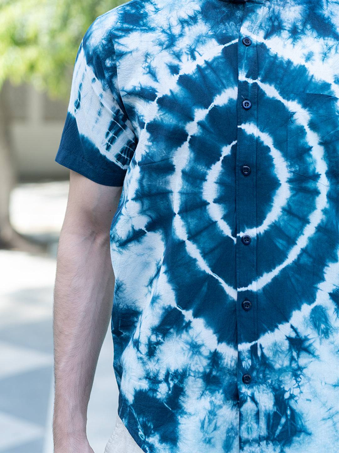 Navy Blue Tie and Dye Chinese Collar Half Sleeves Shirt