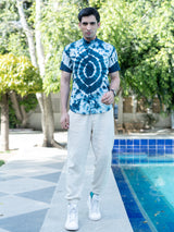 Navy Blue Tie and Dye Chinese Collar Half Sleeves Shirt