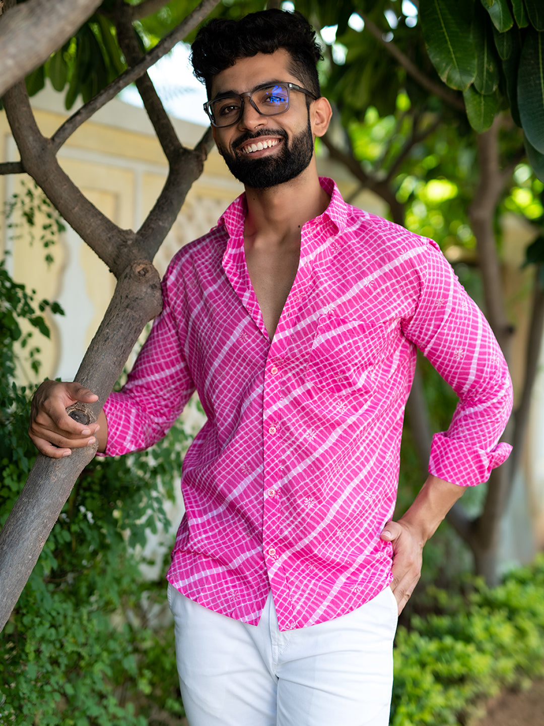 Buy Full Sleeves Cotton Pink Leheriya Print Shirt Online