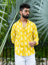 Yellow Floral Block Full Sleeves Cotton Printed Shirt For Men