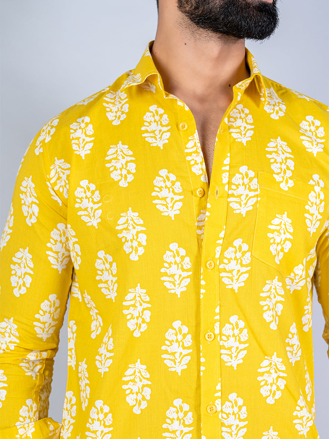 Yellow Floral Block Full Sleeves Cotton Printed Shirt For Men