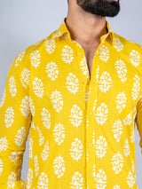 Yellow Floral Block Full Sleeves Cotton Printed Shirt For Men