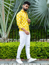 Yellow Floral Block Full Sleeves Cotton Printed Shirt For Men