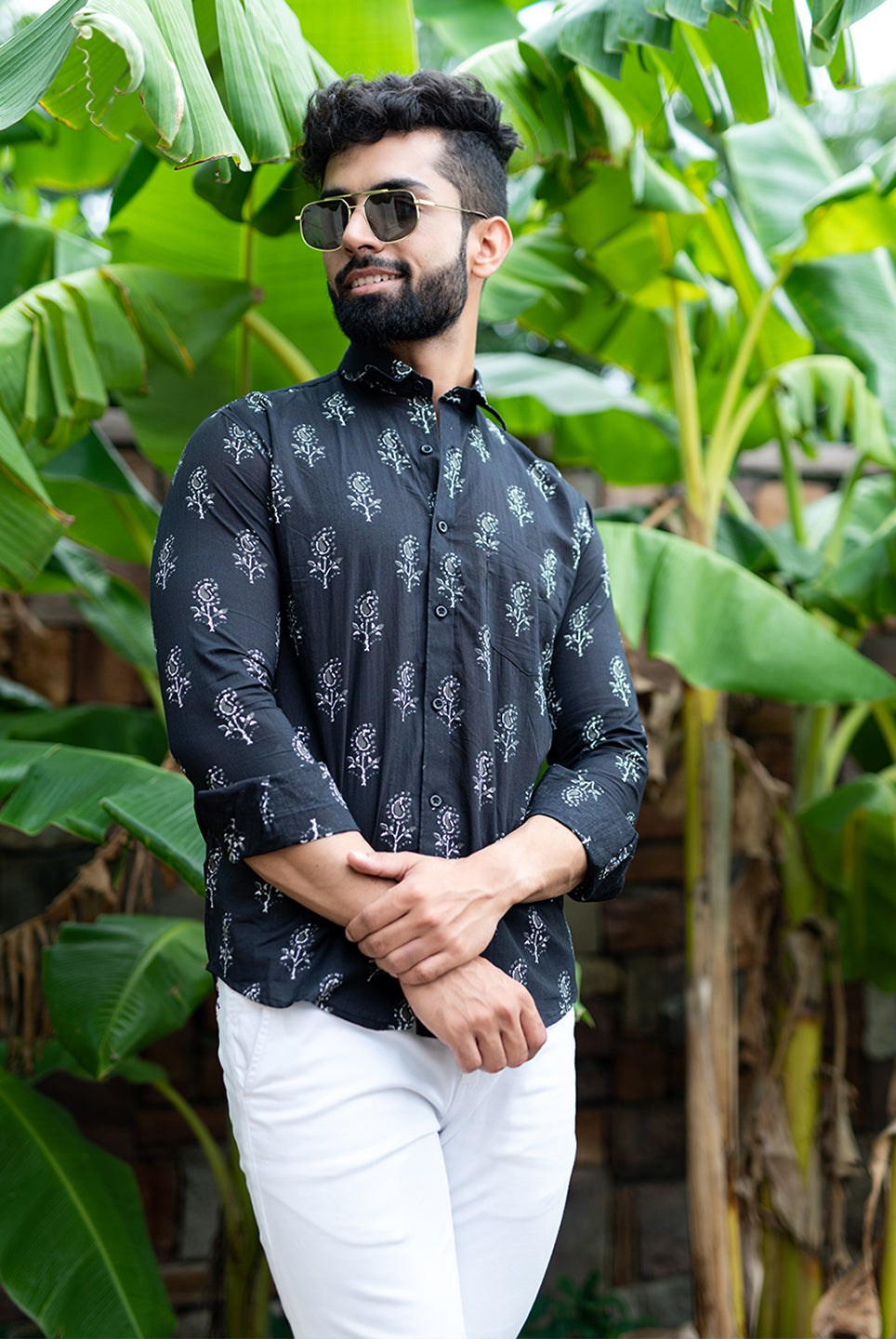 Block-Printed Men's Cotton Shirt from India - Bold Diamonds