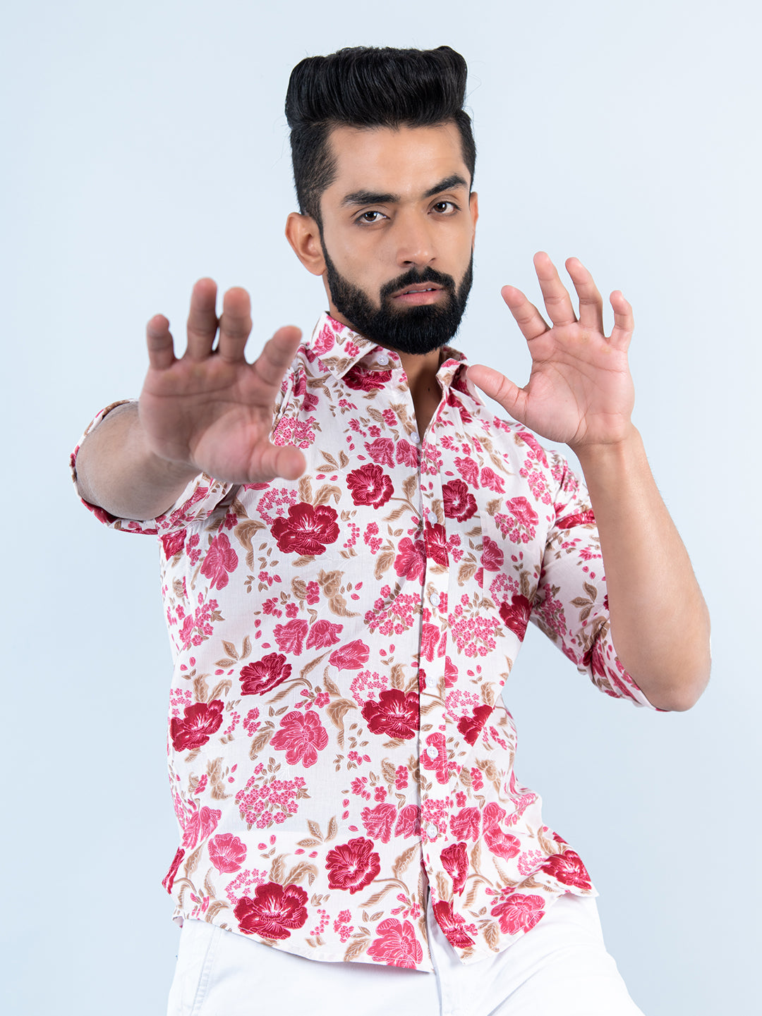 White Floral Printed Full Sleeves Cotton Shirt