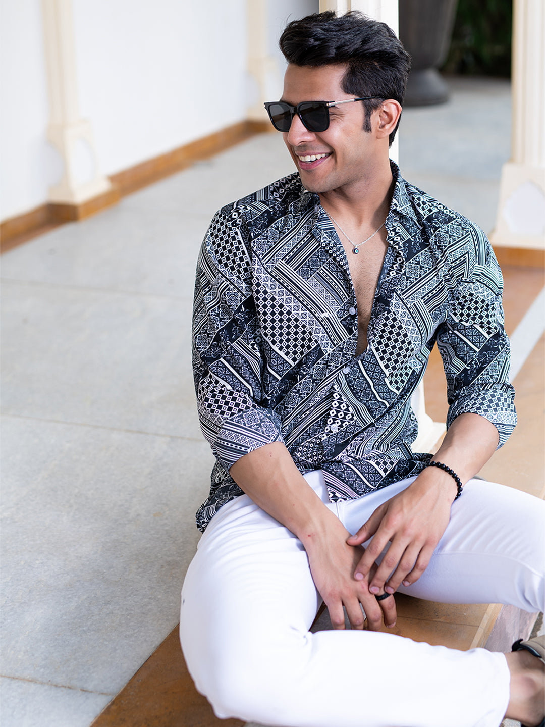 Black Patchwork Full Sleeves Crepe Printed Shirt