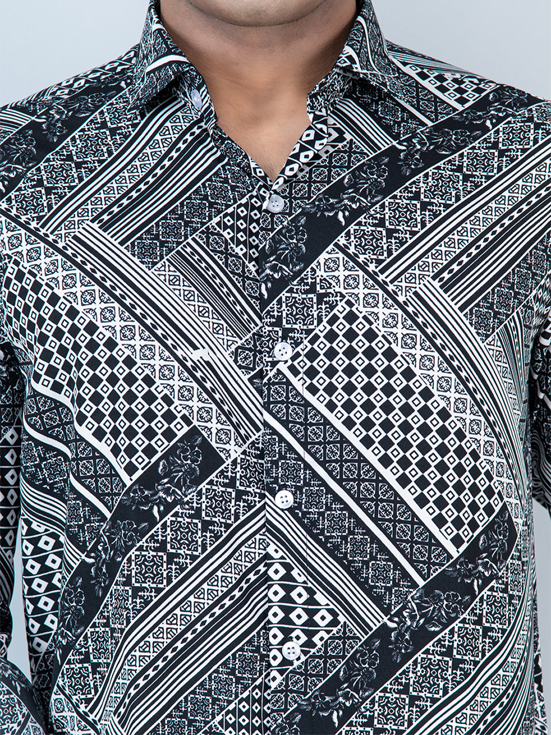 Black Patchwork Full Sleeves Crepe Printed Shirt