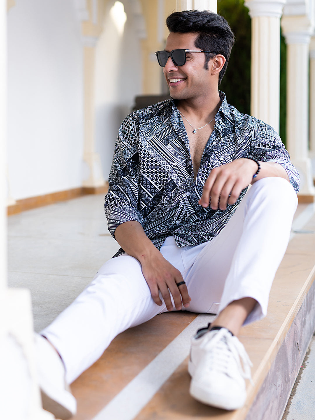 Black Patchwork Full Sleeves Crepe Printed Shirt