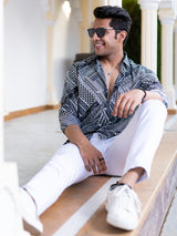 Black Patchwork Full Sleeves Crepe Printed Shirt