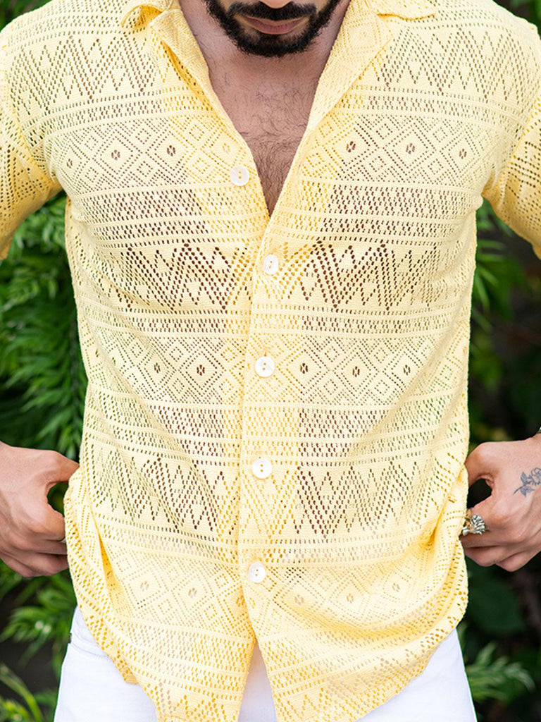 Pastel Yellow Crochet Half Sleeves Cotton Shirt - Tistabene