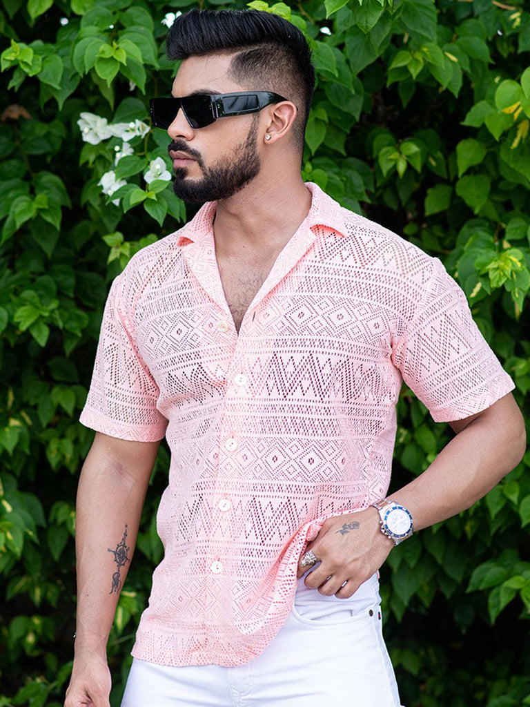 Dusty Pink Crochet Half Sleeves Cotton Shirt - Tistabene