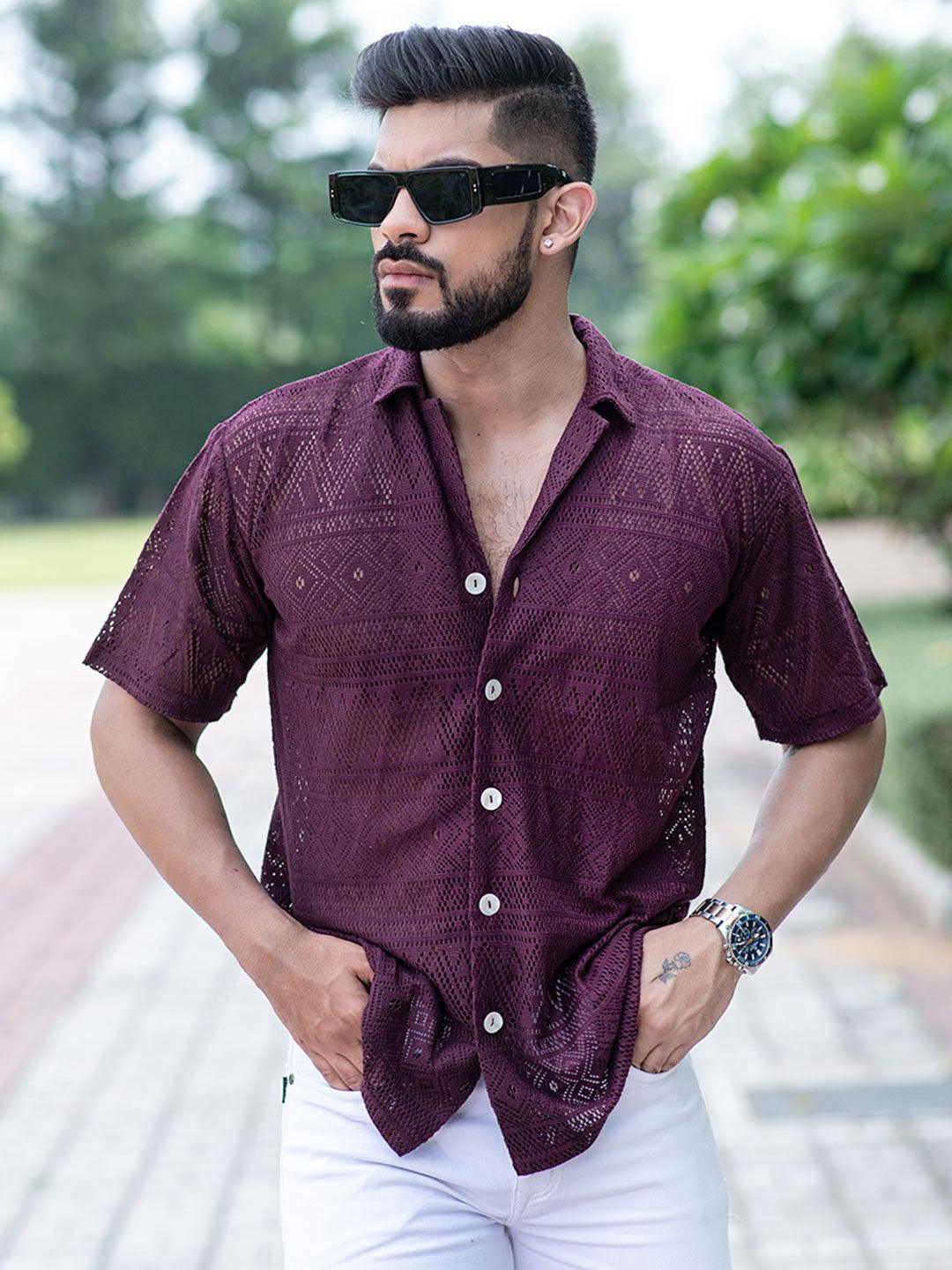 Buy Deep Violet Half Sleeves Crochet Cotton Shirt online