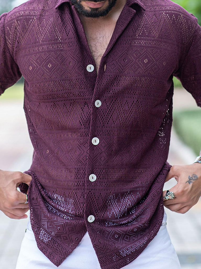 Deep Violet Crochet Half Sleeves Cotton Shirt - Tistabene