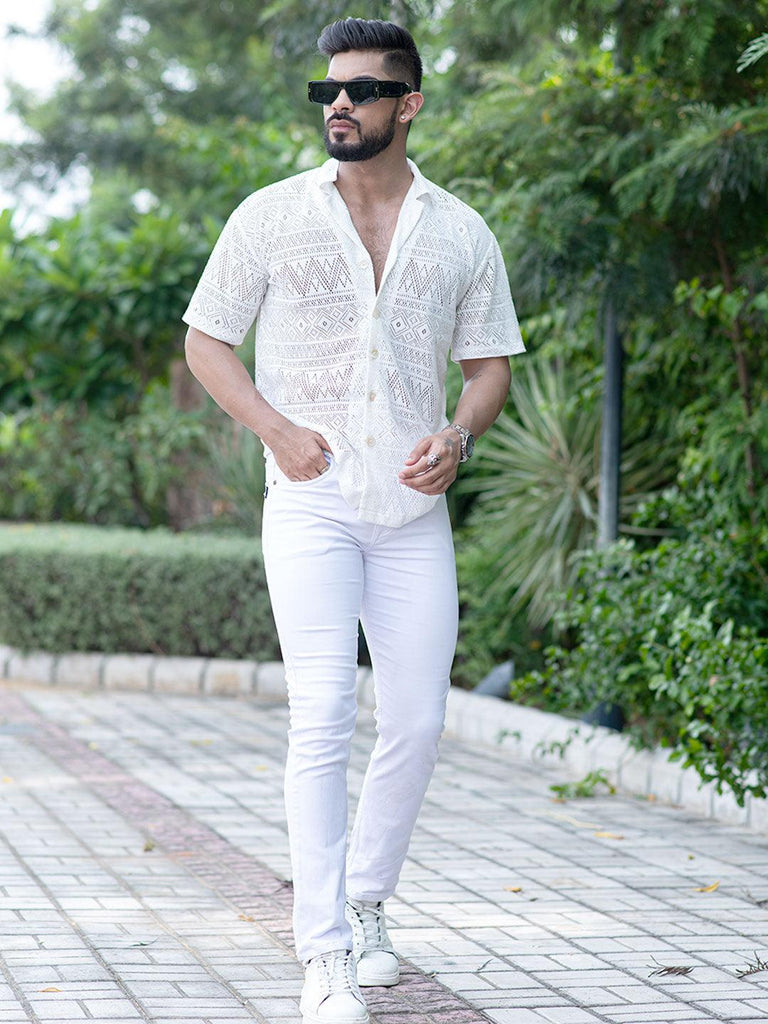 White Crochet Half Sleeves Cotton Shirt - Tistabene
