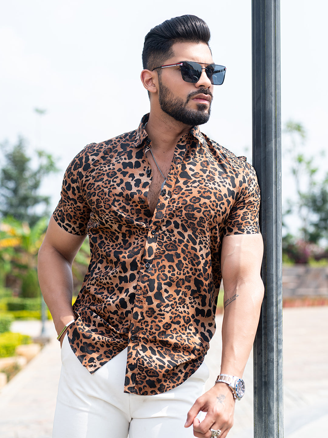 Half Sleeves Crepe Brown Leopard Print Shirt