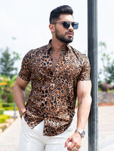 Half Sleeves Crepe Brown Leopard Print Shirt
