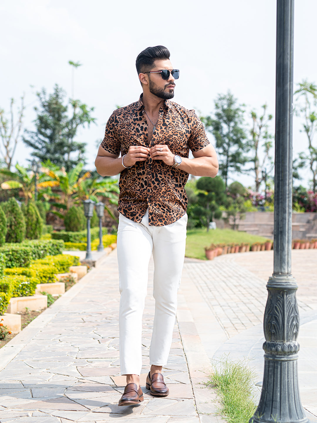 Half Sleeves Crepe Brown Leopard Print Shirt