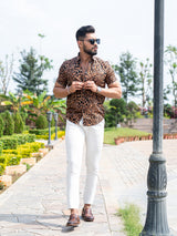 Half Sleeves Crepe Brown Leopard Print Shirt