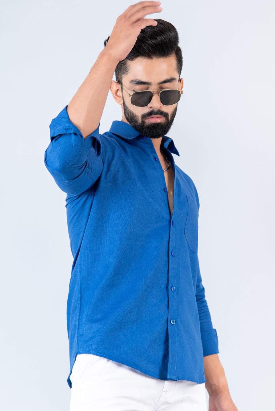 Solid Blue Full Sleeves Cotton Shirt - Tistabene