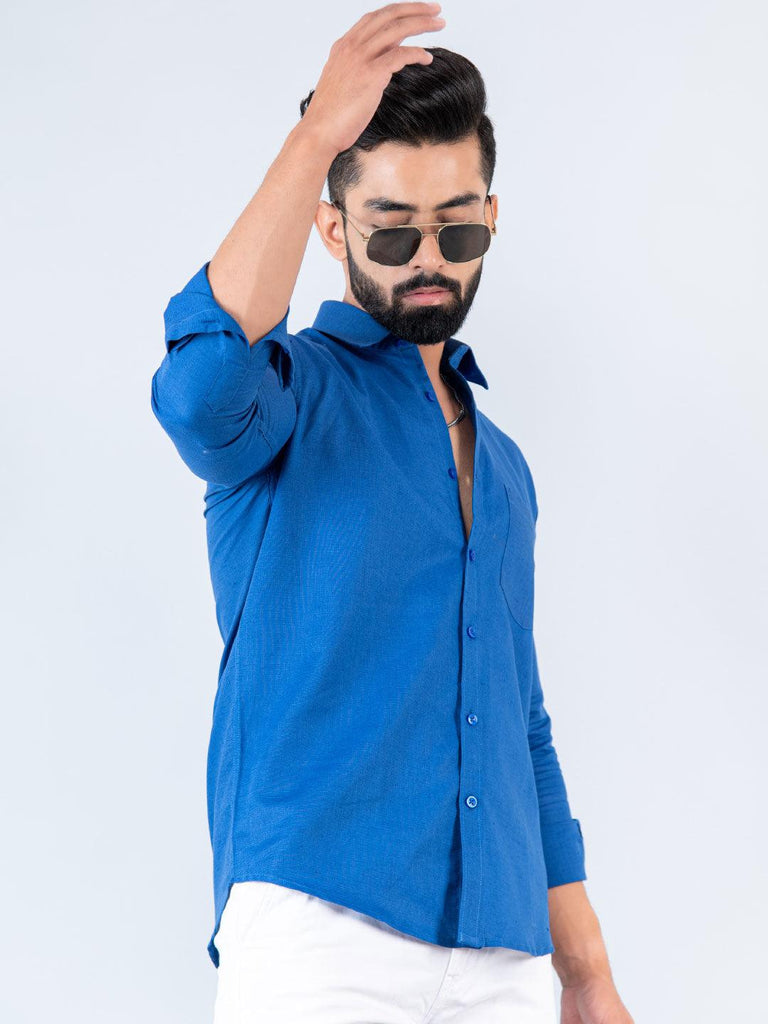 Solid Blue Full Sleeves Cotton Shirt - Tistabene
