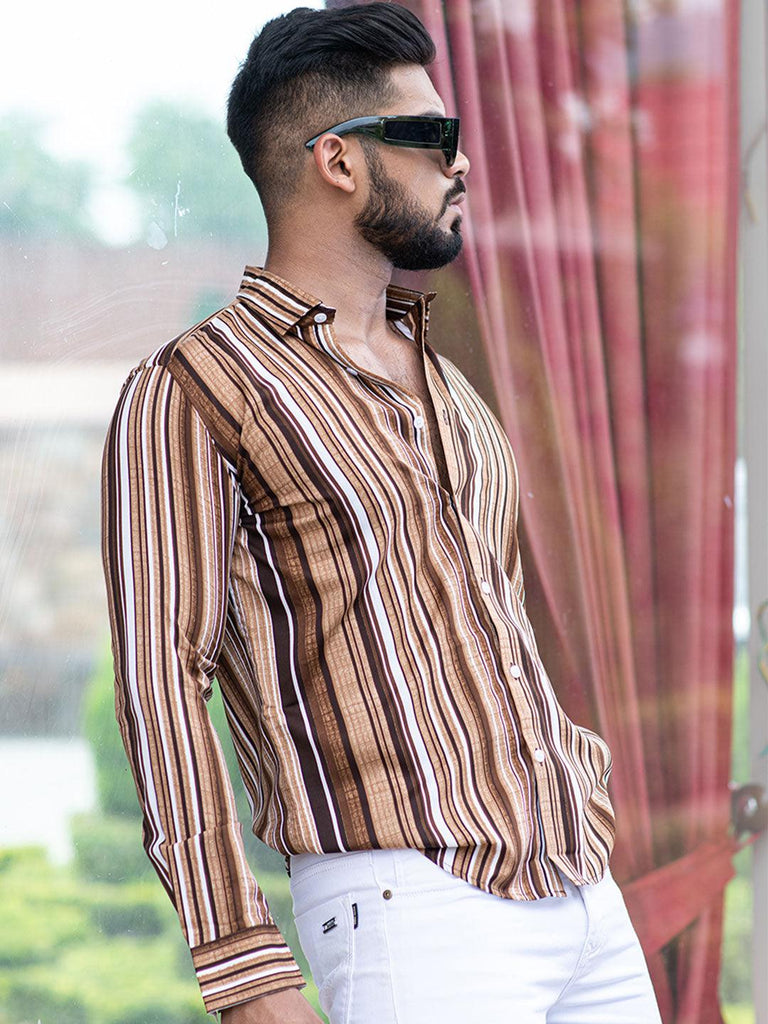 Brown Striped Full Sleeves Crepe Shirt - Tistabene
