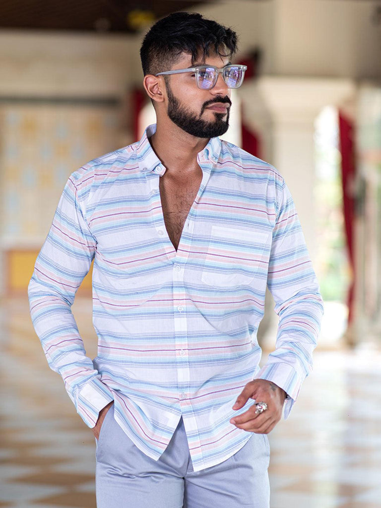 Multicolor Striped Full Sleeves Giza Cotton Shirt - Tistabene