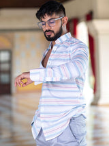red and blue striped shirt