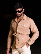 Light Brown 4 Pockets With Belt Full Sleeves Linen Shirt - Tistabene