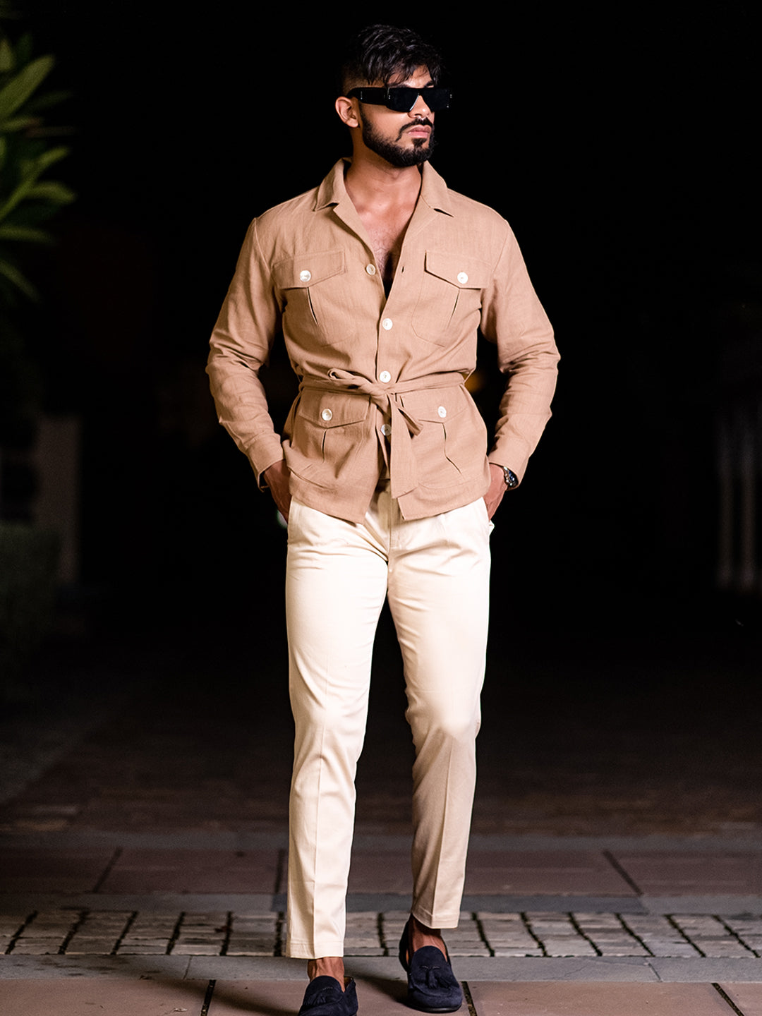 Light Brown 4 Pockets With Belt Full Sleeves Linen Shirt