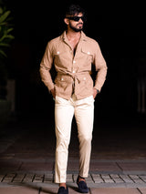 Light Brown 4 Pockets With Belt Full Sleeves Linen Shirt