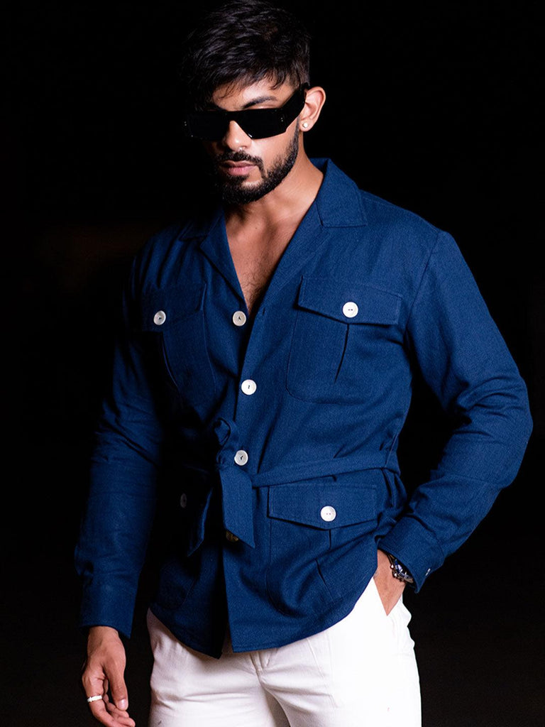 Blue 4 Pockets With Belt Full Sleeves Linen Shirt - Tistabene