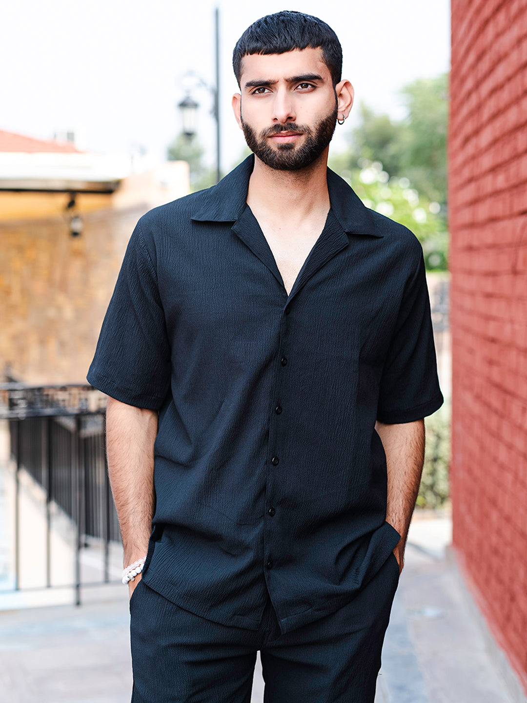 Black Oversized Popcorn Texture Half Sleeves Shirt