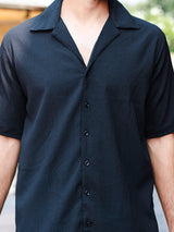 Black Oversized Popcorn Texture Half Sleeves Shirt