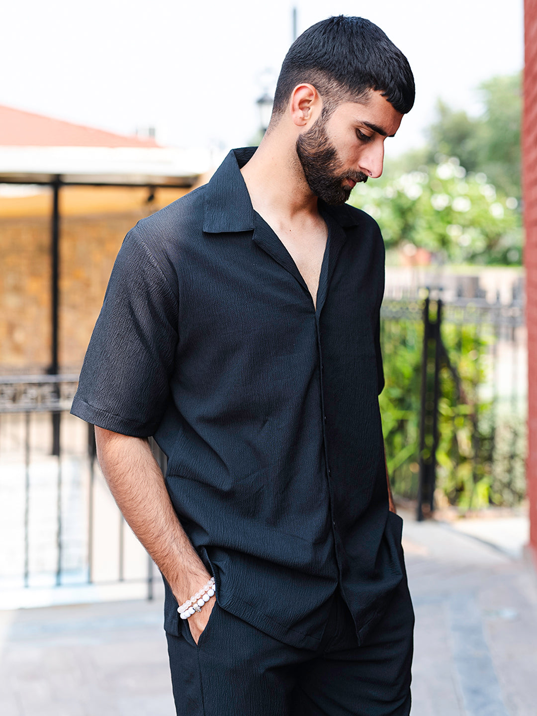 Black Oversized Popcorn Texture Half Sleeves Shirt