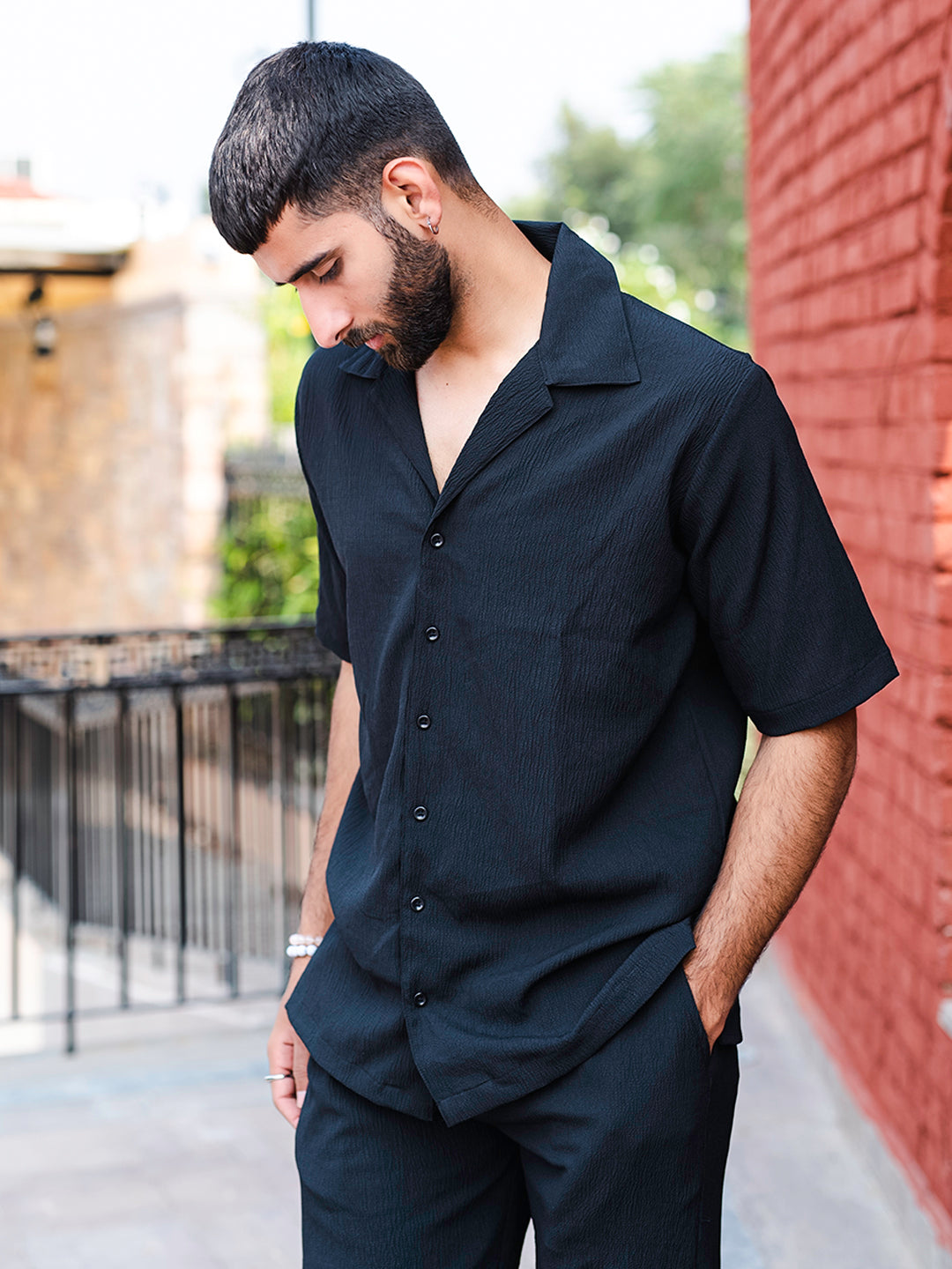 Black Oversized Popcorn Texture Half Sleeves Shirt