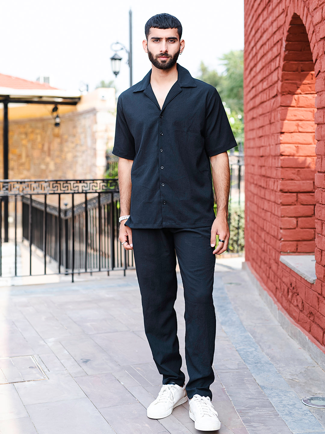 Black Oversized Popcorn Texture Half Sleeves Shirt