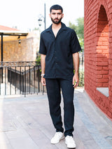 Black Oversized Popcorn Texture Half Sleeves Shirt