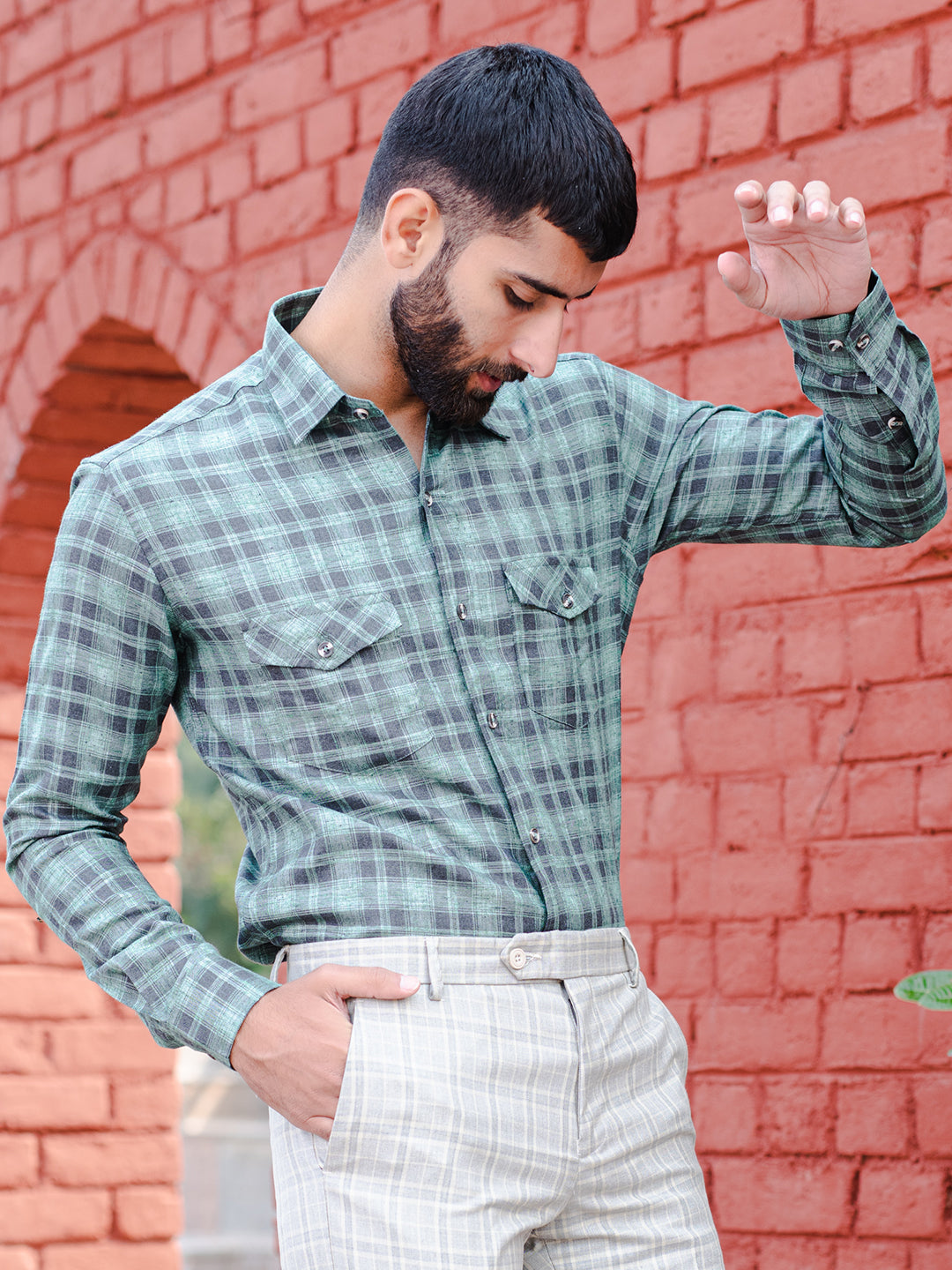 Buy Sage Green Checks Two Pockets Full Sleeves Giza Cotton Shirt Online